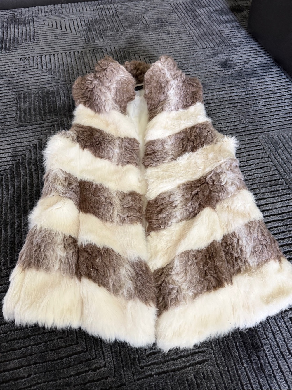 White House Black Market Cream and Brown Striped Faux Fur Vest